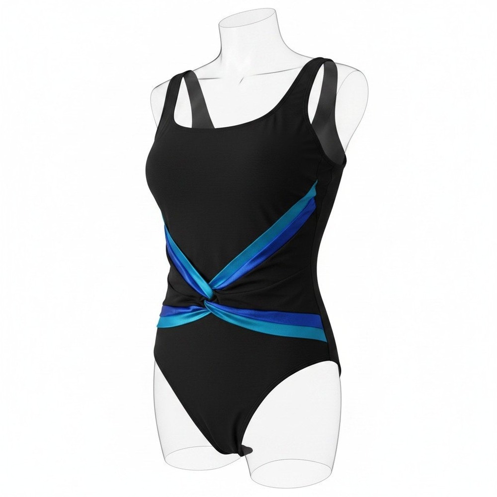 Robby Len Women One Piece Swimsuit 14 Black Blue Twist Front Classic Retro Vaca